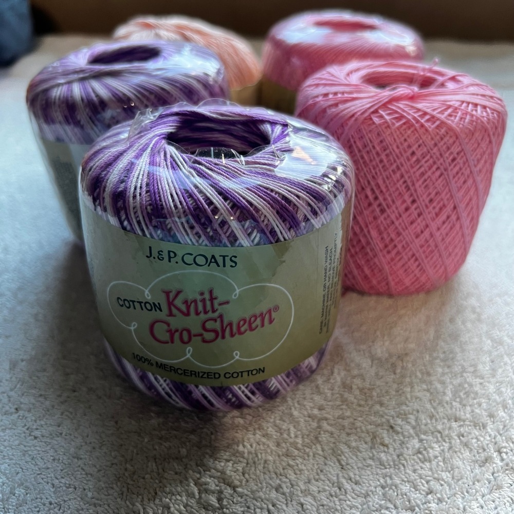 J. & P. Coats 5pc Crochet Thread Pink Purple Variegated Cotton Knit-Cro-Sheen